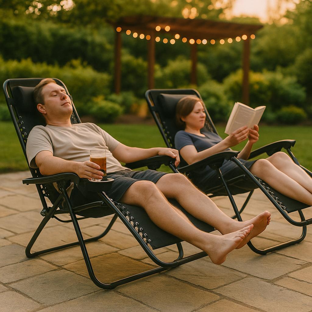 Zero Gravity Outdoor Lounge Chairs | Set of 2 | Adjustable Recliner with Side Table & Cup Holders